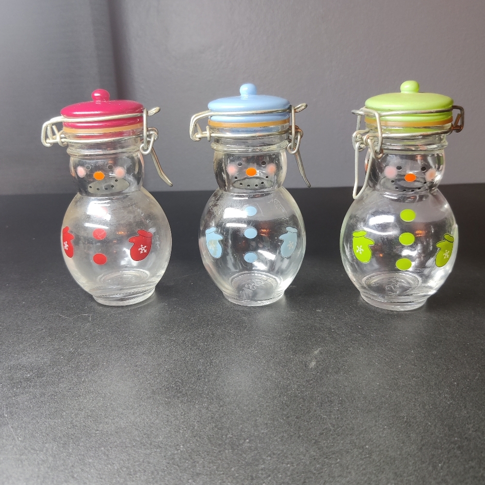 Vintage MSRF Set of 3 Snowman Glass Jars with Colorful Lids